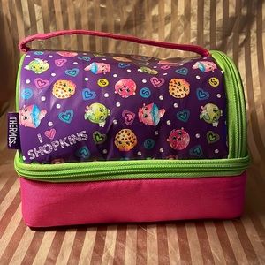 Shopkins kids thermos lunch bag pink, purple & green characters & hearts